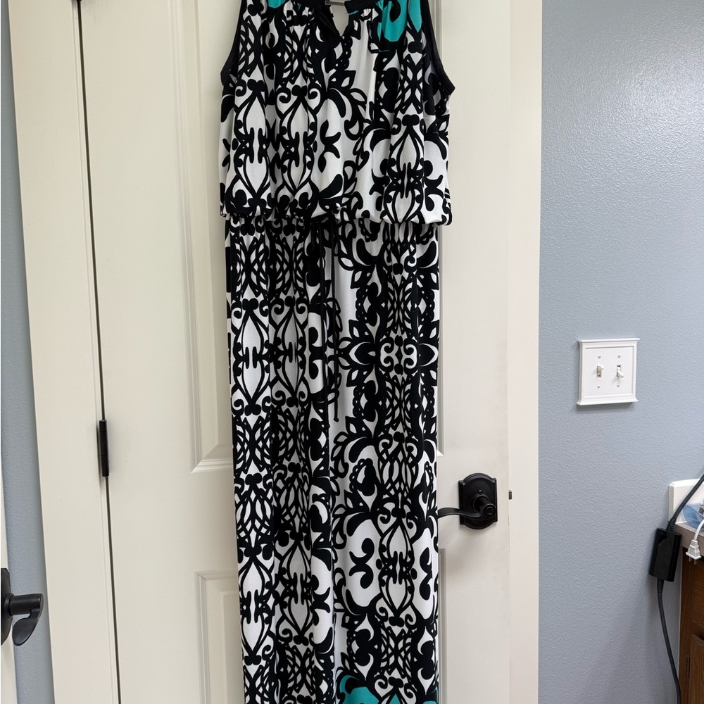 Enfocus Studio Black and White Dress with Teal Accents